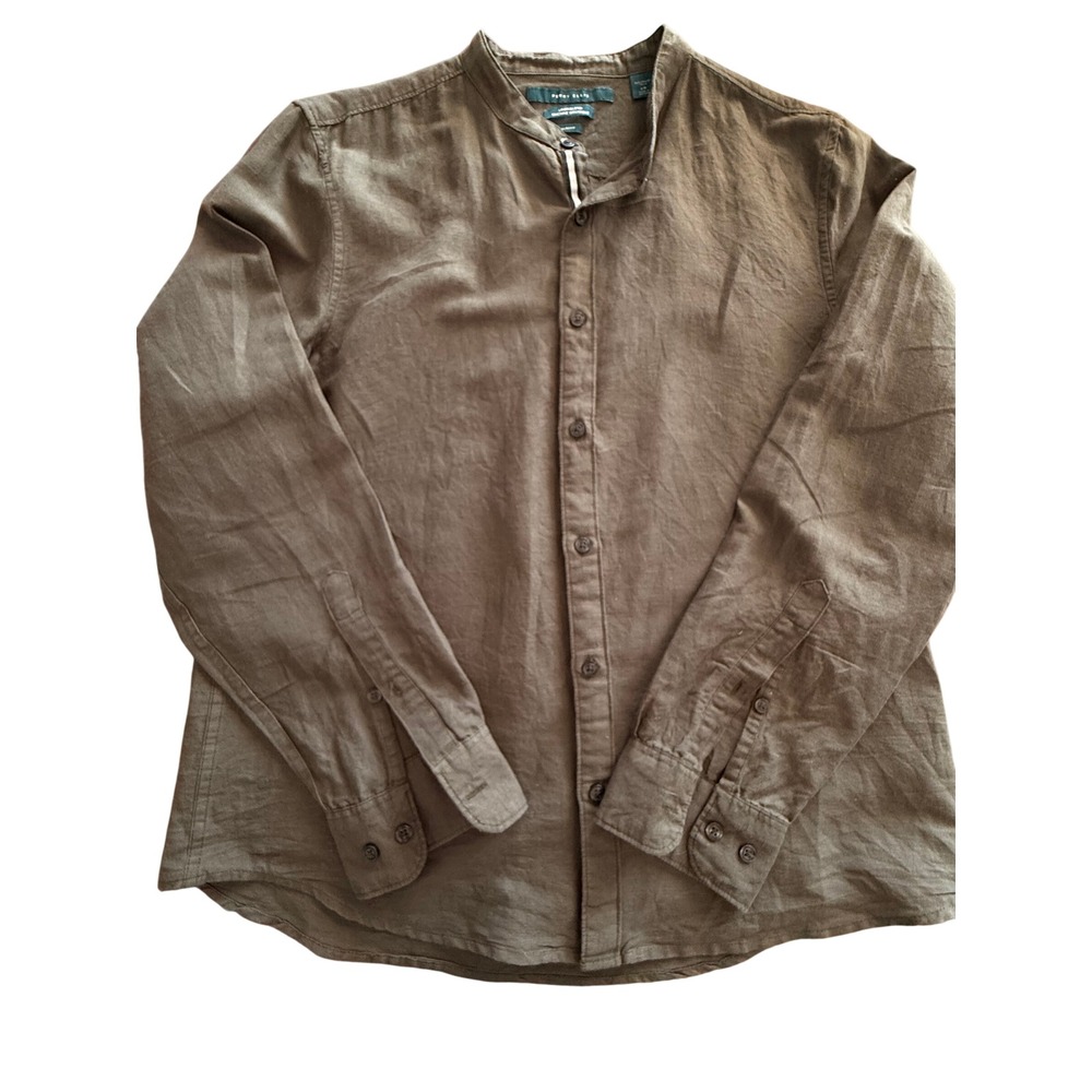 Perry Ellis Womens Olive Green Linen Blend Mandarin Collar Slim Fit Shirt Large
